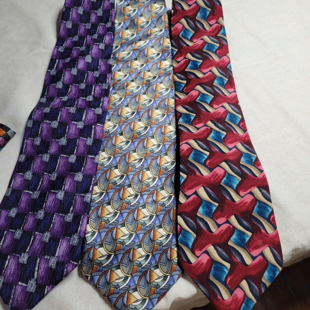 J. Garcia Mens Silk Tie Lot of 3 Abstract Geometric Art Silk Neckties Bundle